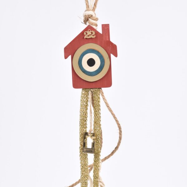 Κρεμαστό ξύλινο γούρι σπιτάκι  κόκκινο με plexiglass και κορδέλες 10Χ40cm