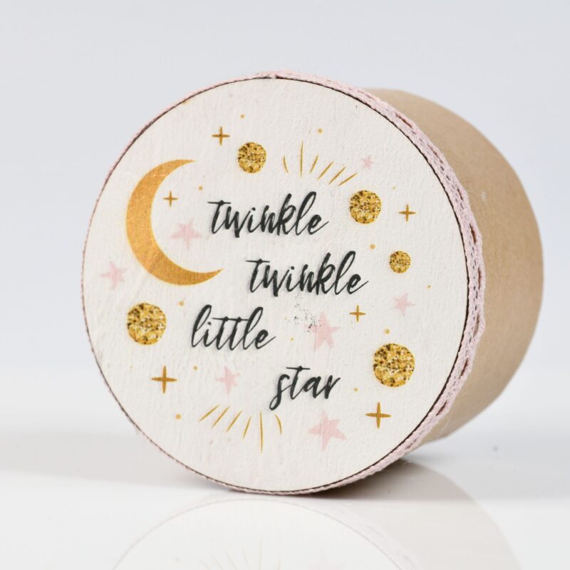 Κουτάκι βάφτισης στρόγγυλο με τυπωμένο σχέδιο αστεράκια και ροζ δαντέλα  Φ10cm