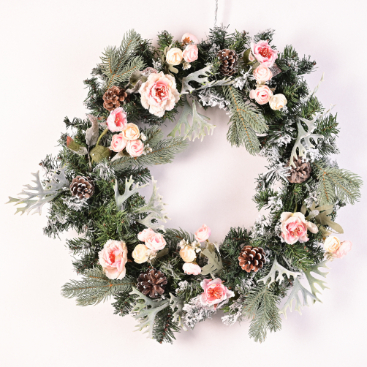 Χριστουγεννιάτικο Στεφάνι με Ροζ και Λευκά Τριαντάφυλλα και Κουκουνάρια Φ60cm
