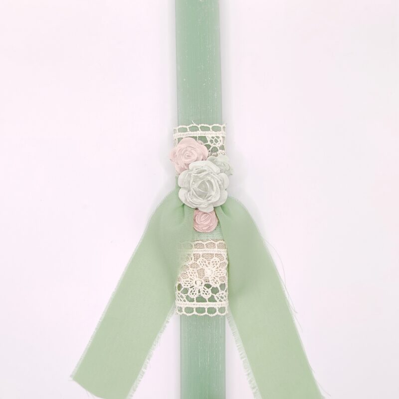 Παστέλ Πράσινη Λαμπάδα με Λουλούδια