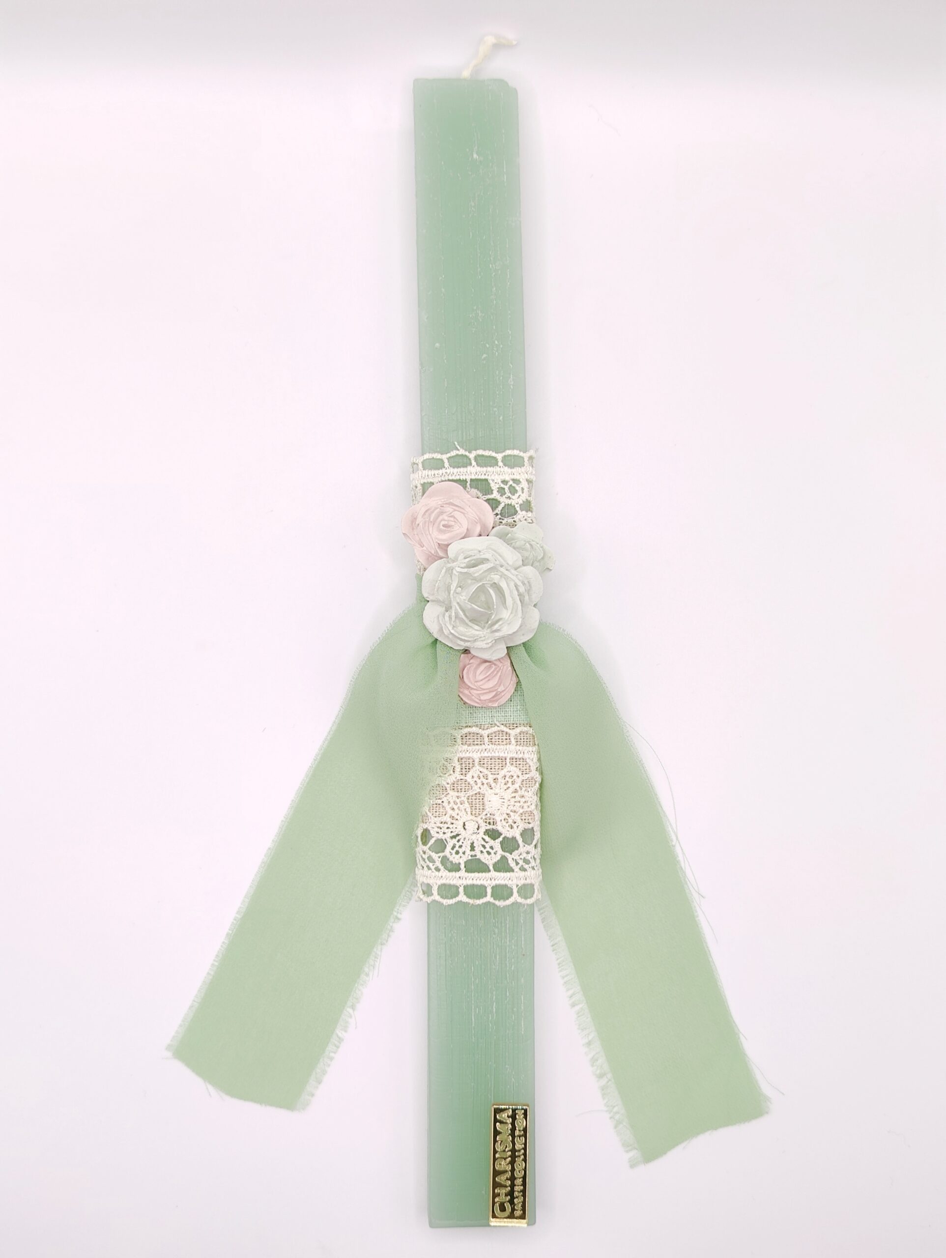 pl26006 Παστέλ Πράσινη Λαμπάδα με Λουλούδια